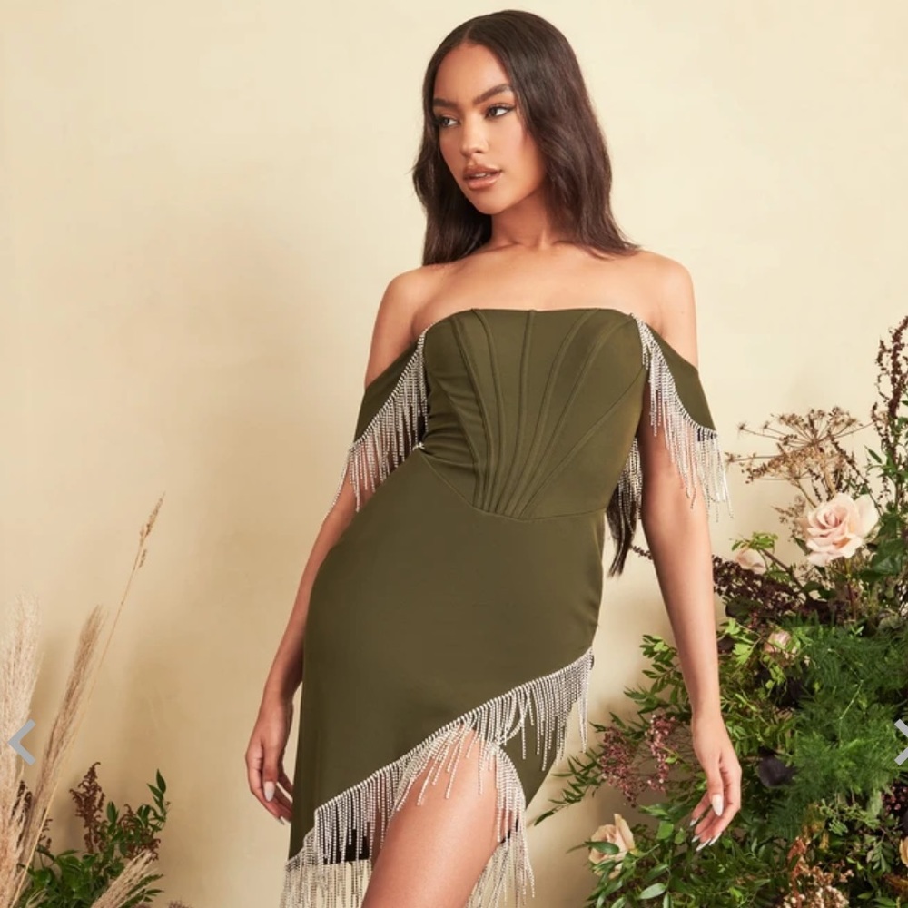 NWT lavish Alice beaded fringe Bardot corset dress in khaki sz.14